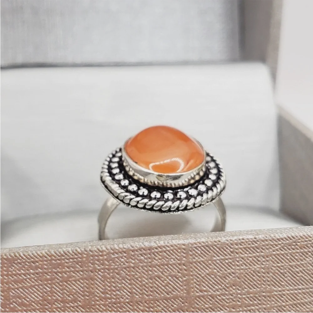 Genuine Bezel Set Orange Carnelian 925 Sterling Silver Ring